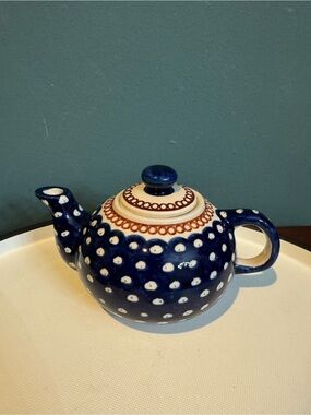 Boleslawiec Polish Pottery Small Blue Peacock Polka Dot Teapot